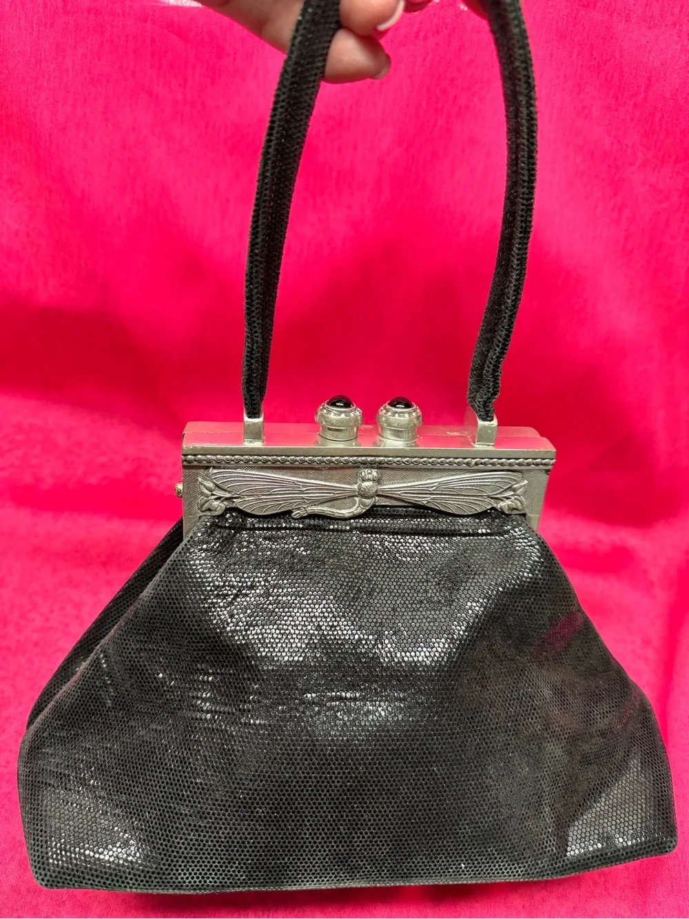 Black Evening Clutch with Decorative Silver Frame